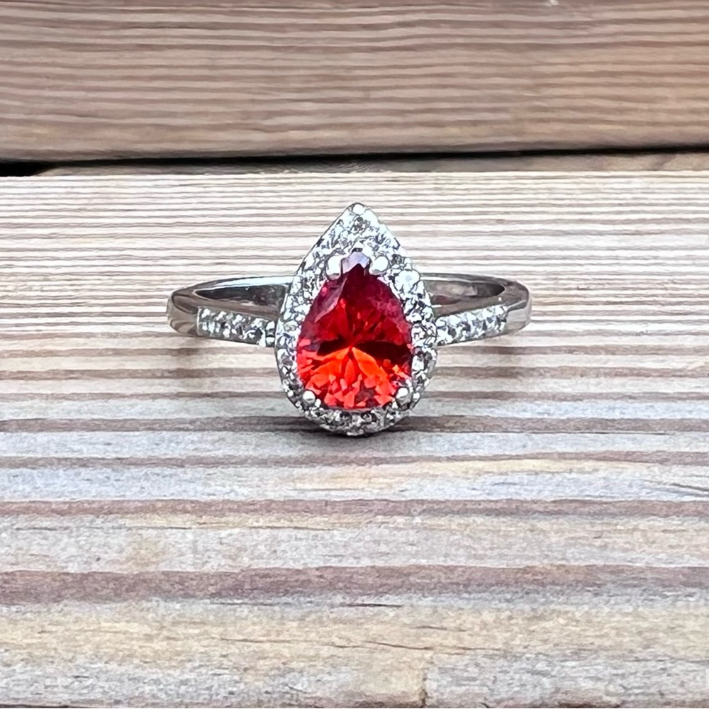 - Red Pear Topaz w/Rhinestones Silver Ring SZ 7.5! NEW!